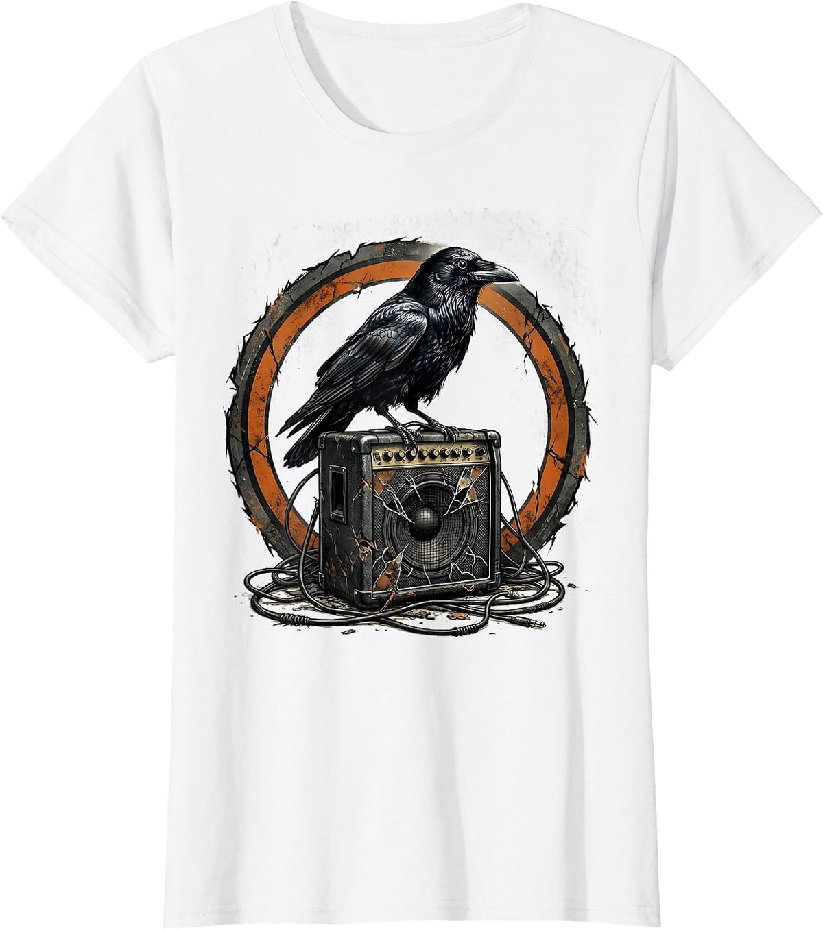Grunge Crow on Broken Amplifier Illustration T-Shirt - White