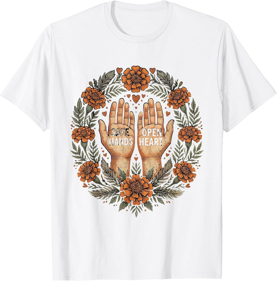 Men's Safe Hands Open Heart Caring Soul Design T-Shirt - White