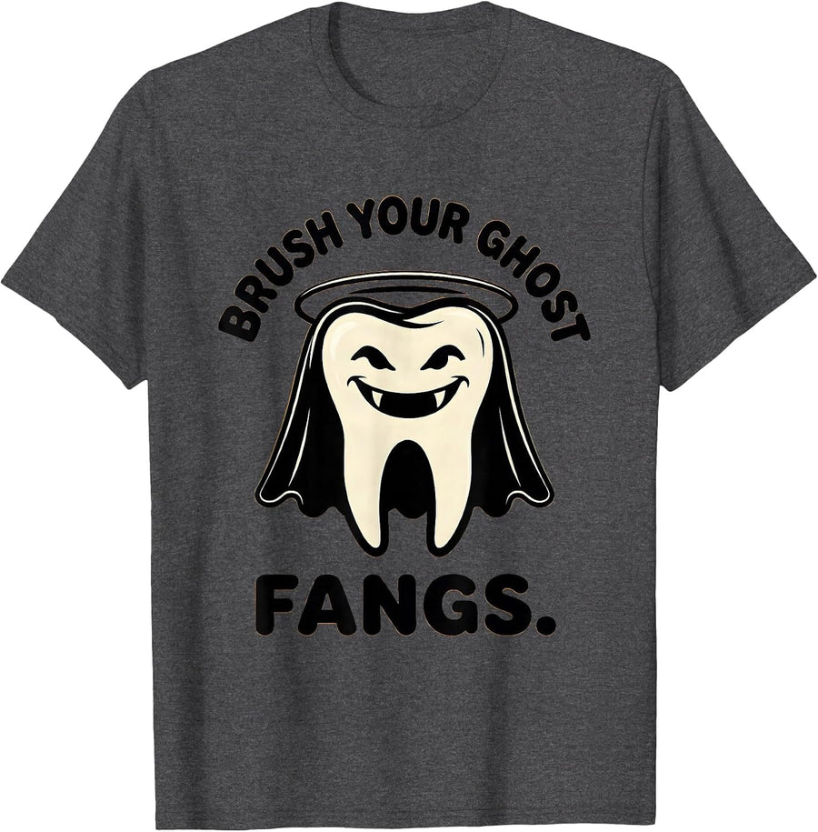 Men's Brush Your Ghost Fangs Funny Dental Hygienist Halloween T-Shirt - Dark Heather Grey