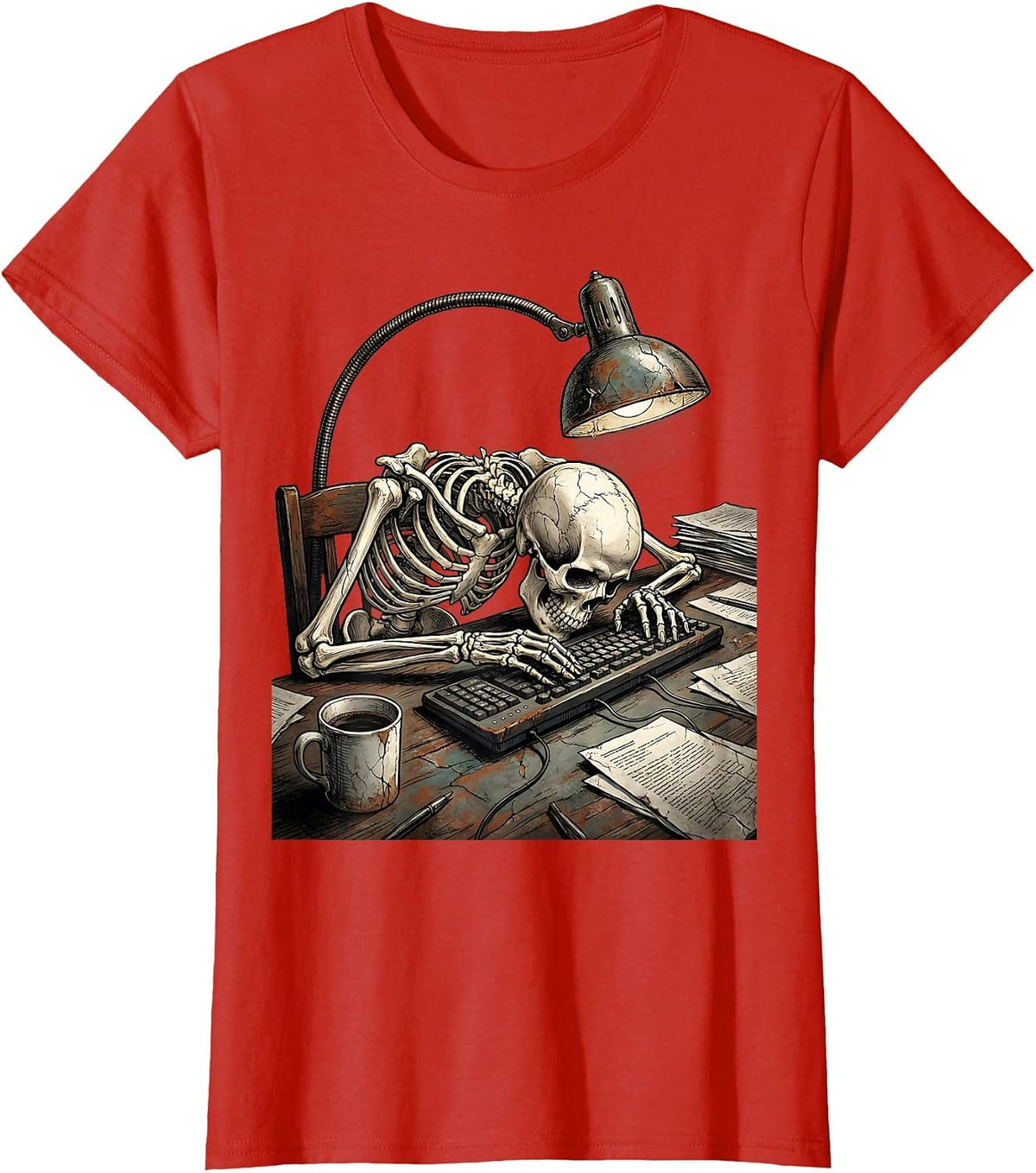 Skeleton Office Worker Slumped Over Keyboard T-Shirt - Red