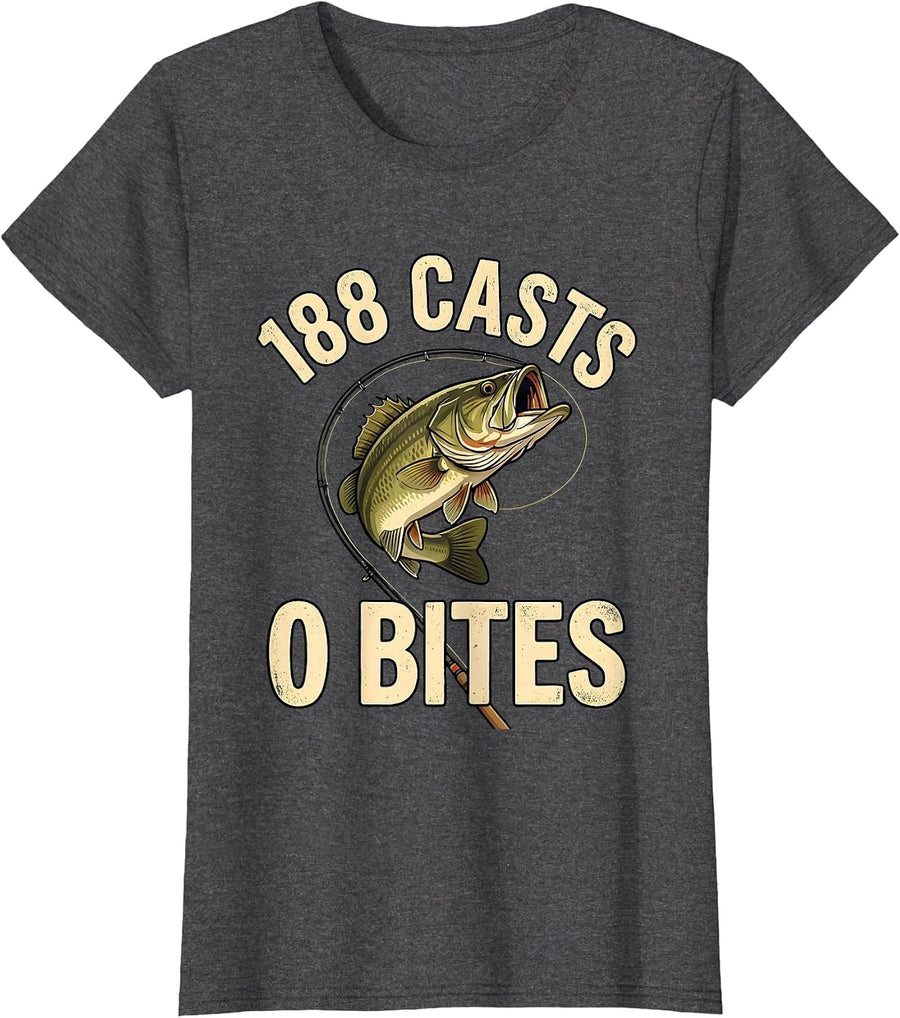 Women's 188 Casts 0 Bites Funny Bass Fishing Dad Humor T-Shirt - Dark Heather Grey