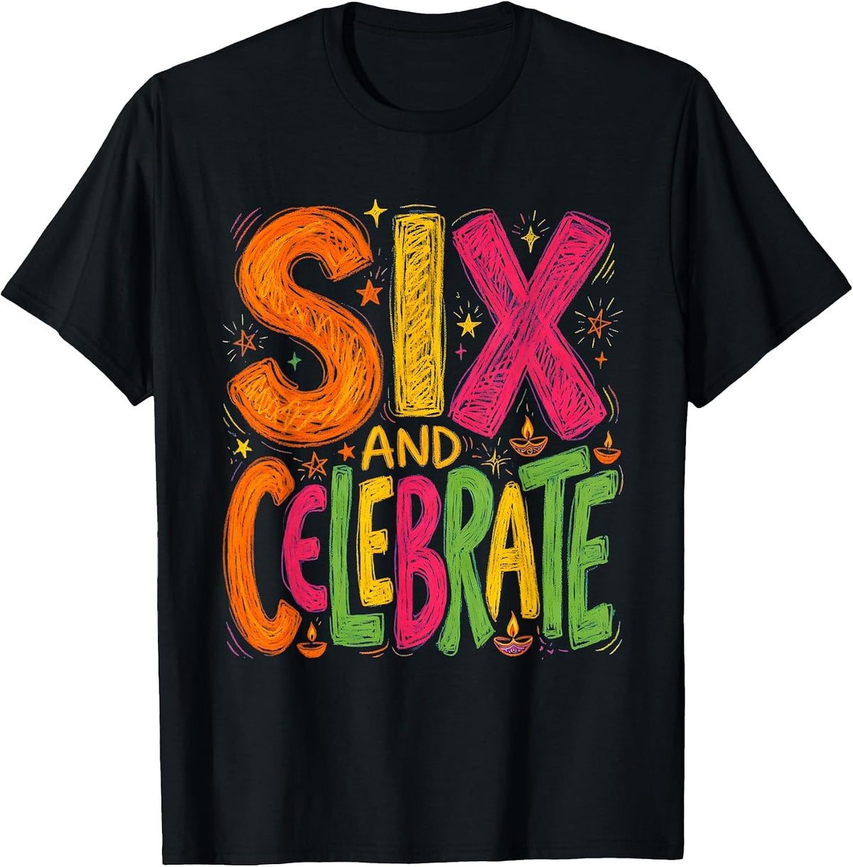 Men's Six and Celebrate Diwali Cricket Bat Diya Design T-Shirt - Black