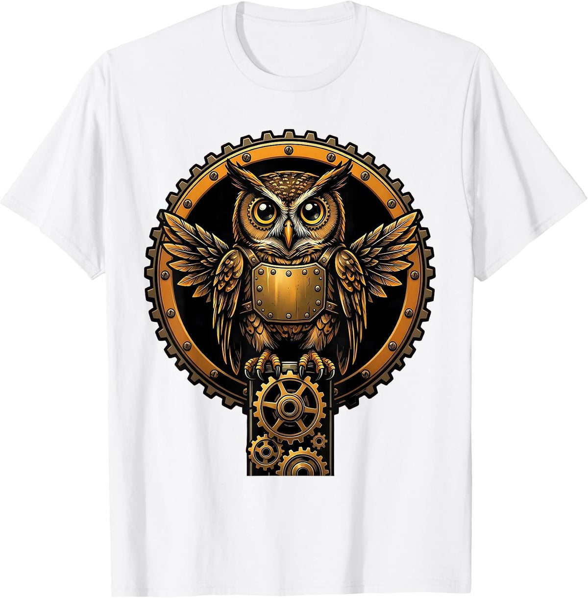Men's Steampunk Mechanical Owl on Gear Stack Design T-Shirt - White