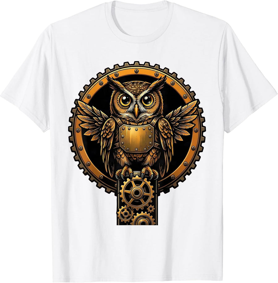 Men's Steampunk Mechanical Owl on Gear Stack Design T-Shirt - White