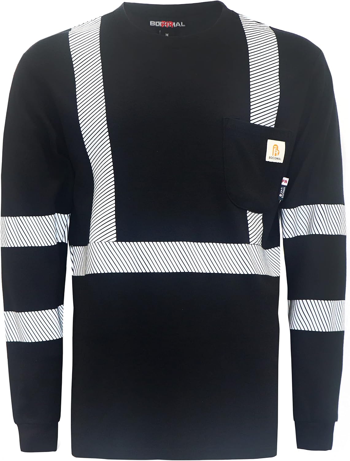 BOCOMAL Men's FR Shirts Hi-Vis Reflective Flame Resistant Safety Crew Tee - Black Tee\/Hi Vis