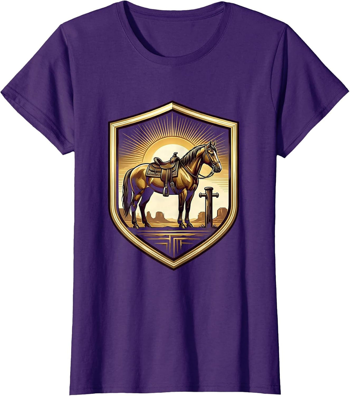Women's Black Cowboy Saddled Horse Desert Saloon Dusk T-Shirt - Purple