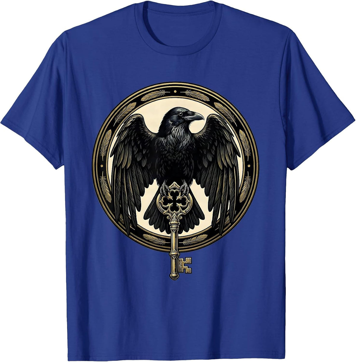 Crow Clutching Skeleton Key Gothic Art T-Shirt - Royal Blue