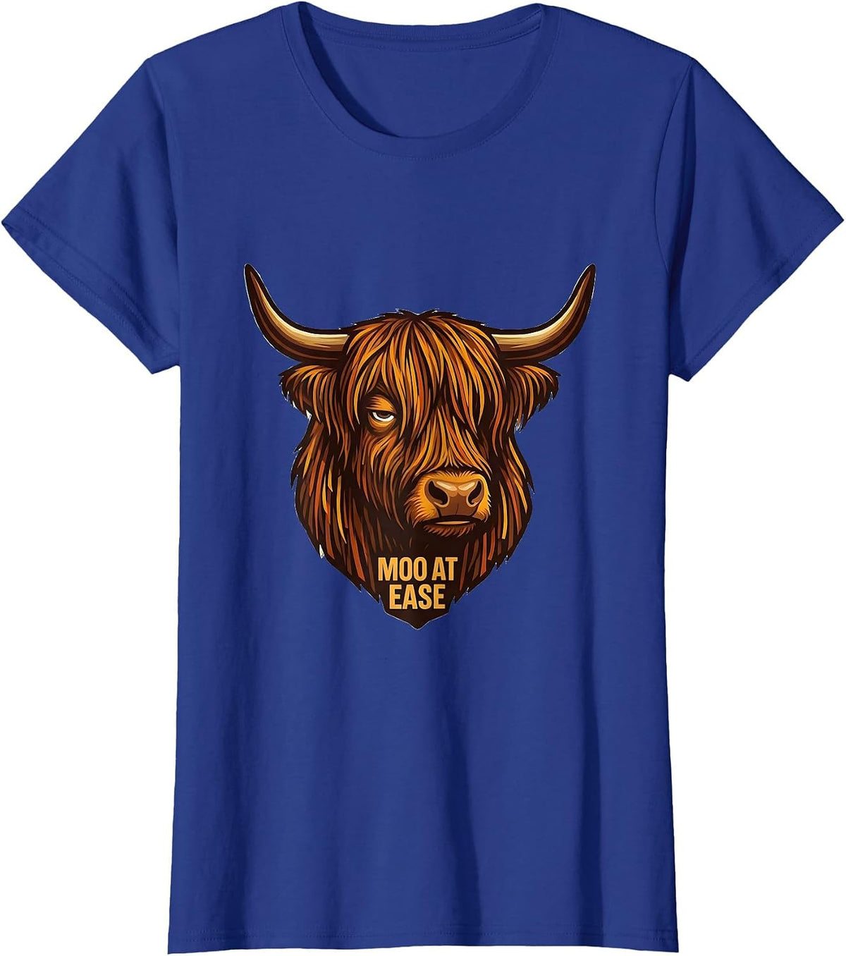 Women's Moo At Ease Funny Highland Cow Farm Animal Lover Humor T-Shirt - Royal Blue