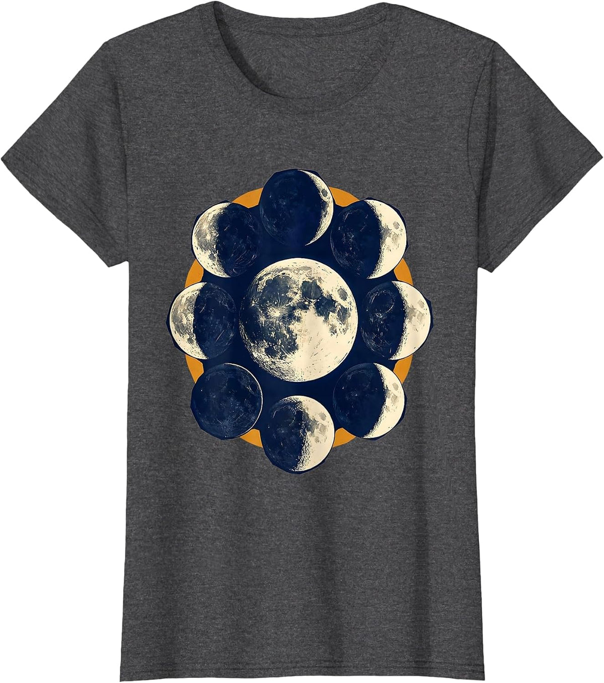 Women's Lunar Phase Cycle Astronomy Linocut Science Lover T-Shirt - Dark Heather Grey