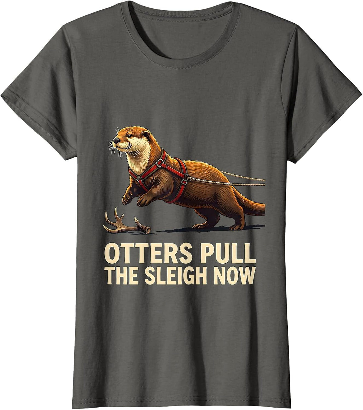 Women's Otters Pull The Sleigh Now Funny Otter Christmas Animal T-Shirt - Asphalt Grey