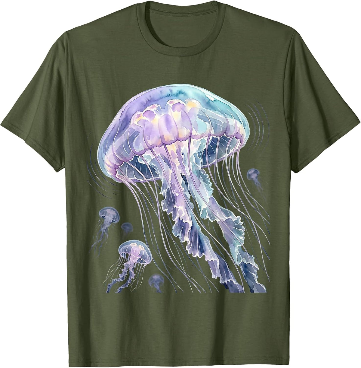Jellyfish Deep Ocean Glow Illustration T-Shirt - Olive Green