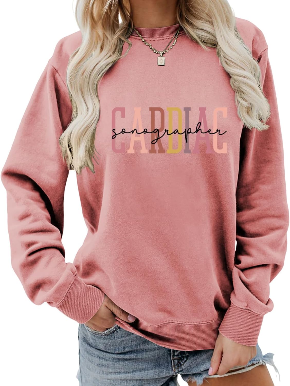 Cardiac Sonographer Sweatshirt Echocardiographer Nurse Sweater Women Casual Long Sleeve Crew Neck Pullover Tops - Rose