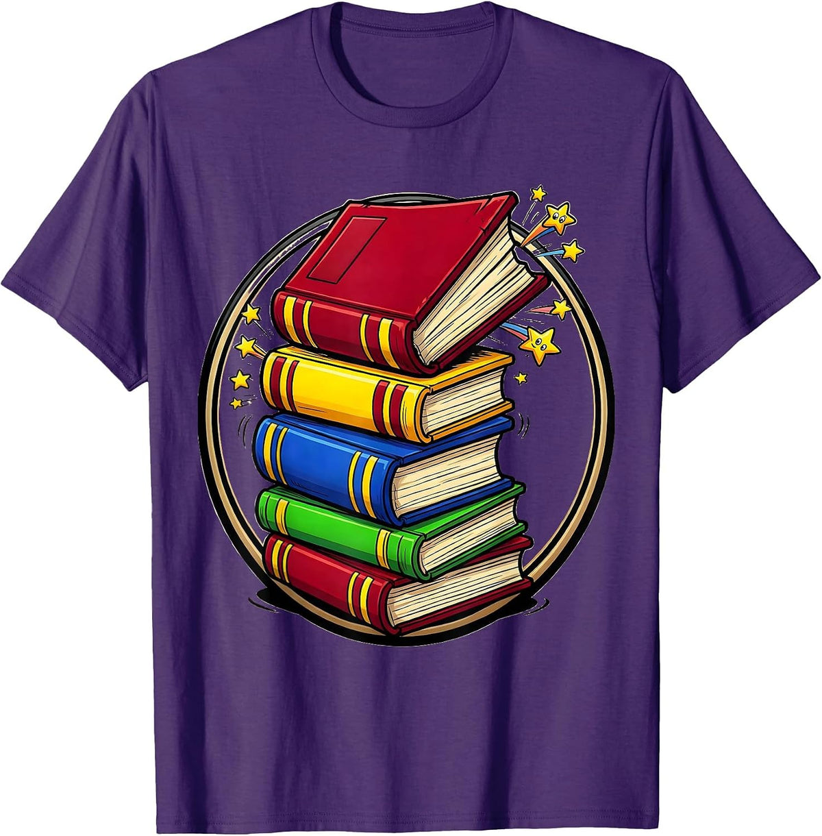 Preschool Teacher Stacked Colorful Books Graphic T-Shirt - Purple