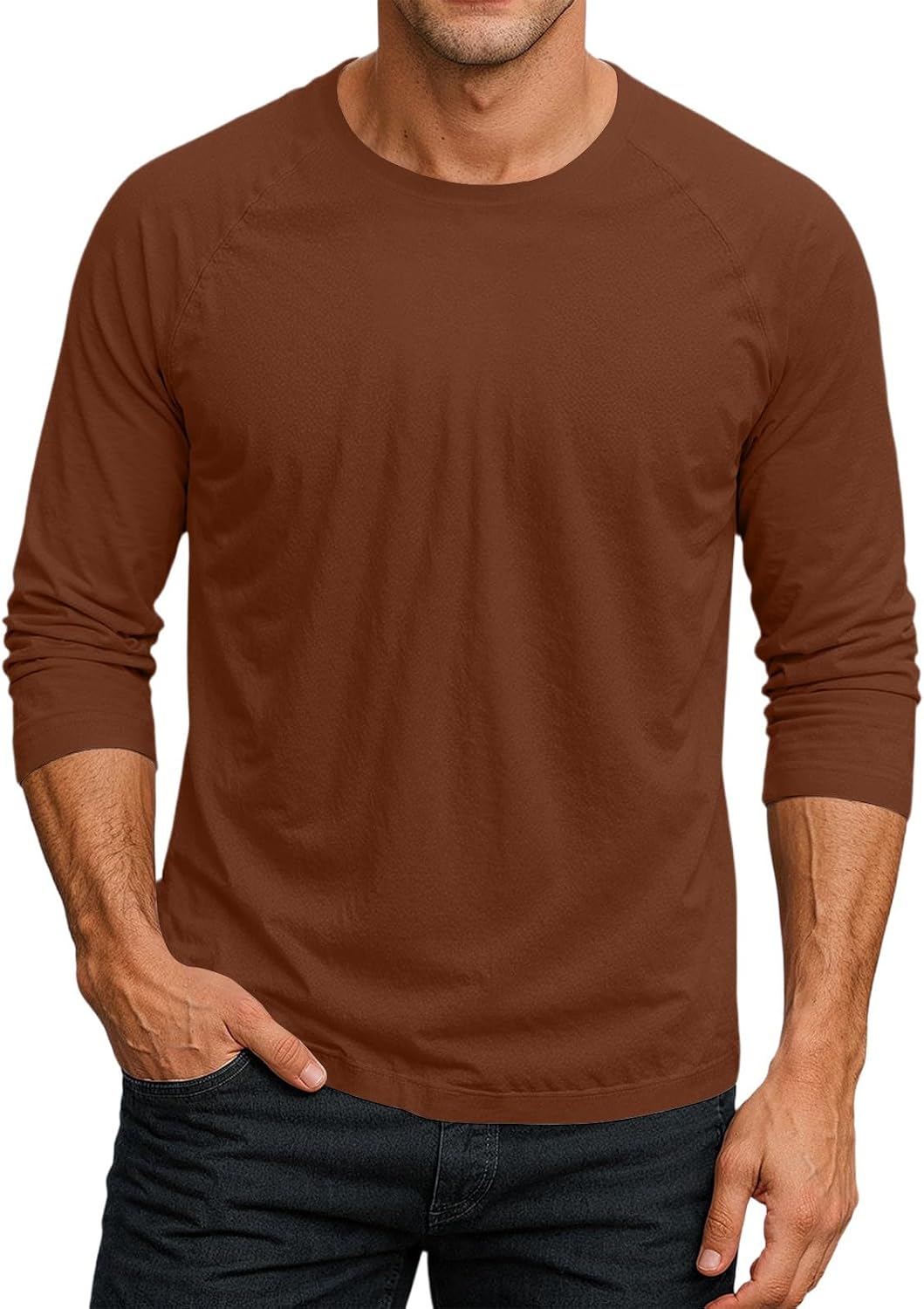 Mens Raglan 3/4 Sleeve Crewneck T-Shirt Solid Casual Fashion Sporty Jersey Baseball Tee Top - 02 Light Brown