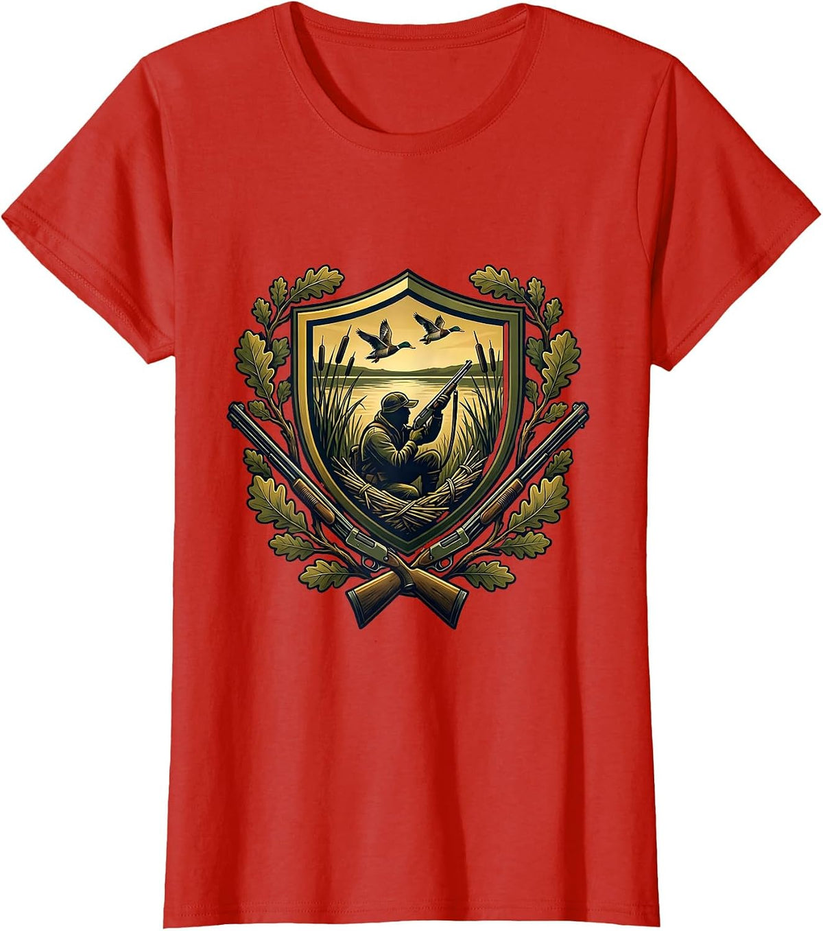 Camo Duck Blind Hunter Silhouette at Dawn T-Shirt - Red