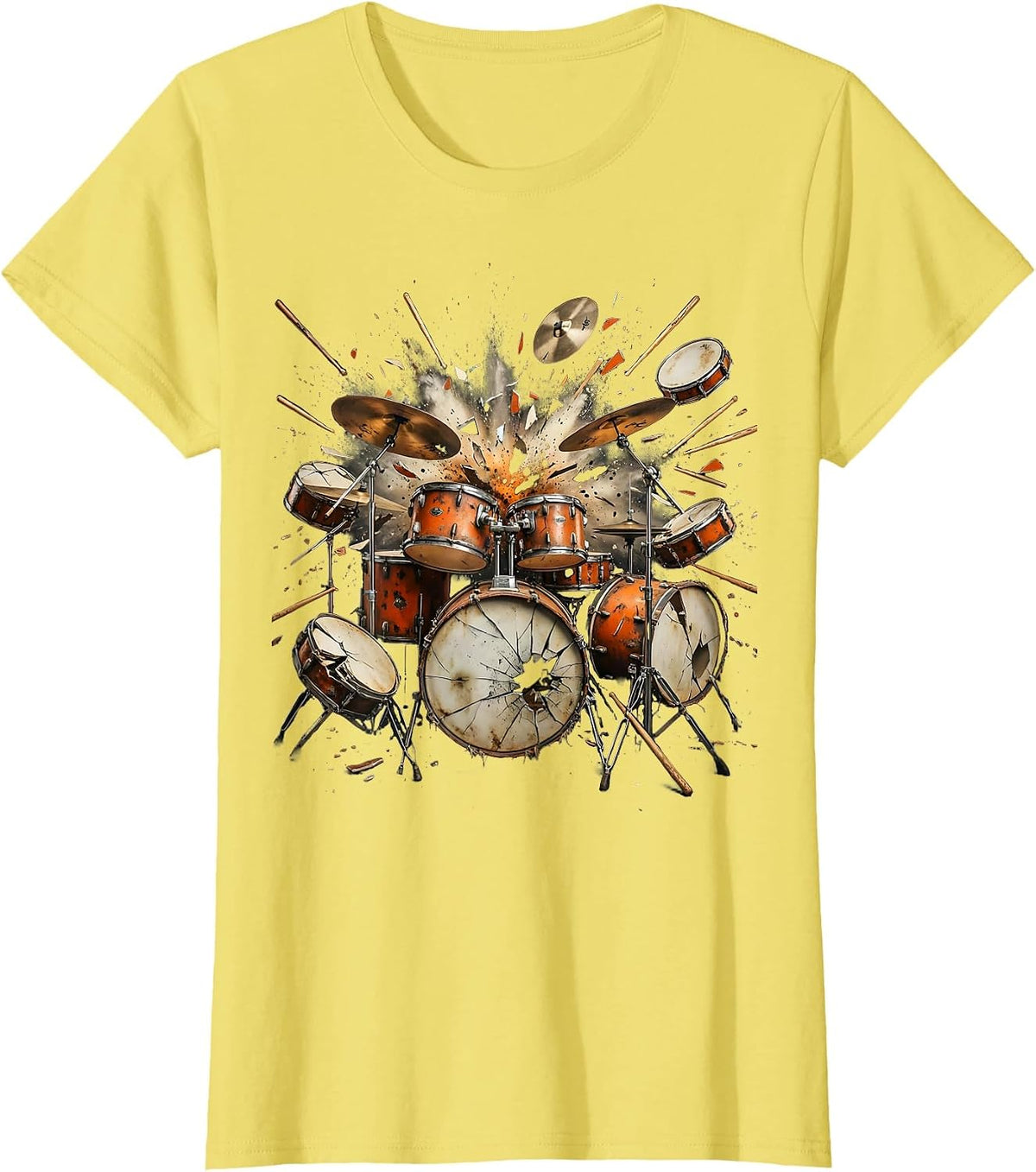 Exploding Drum Kit Starburst Burst Illustration T-Shirt - Lemon Yellow