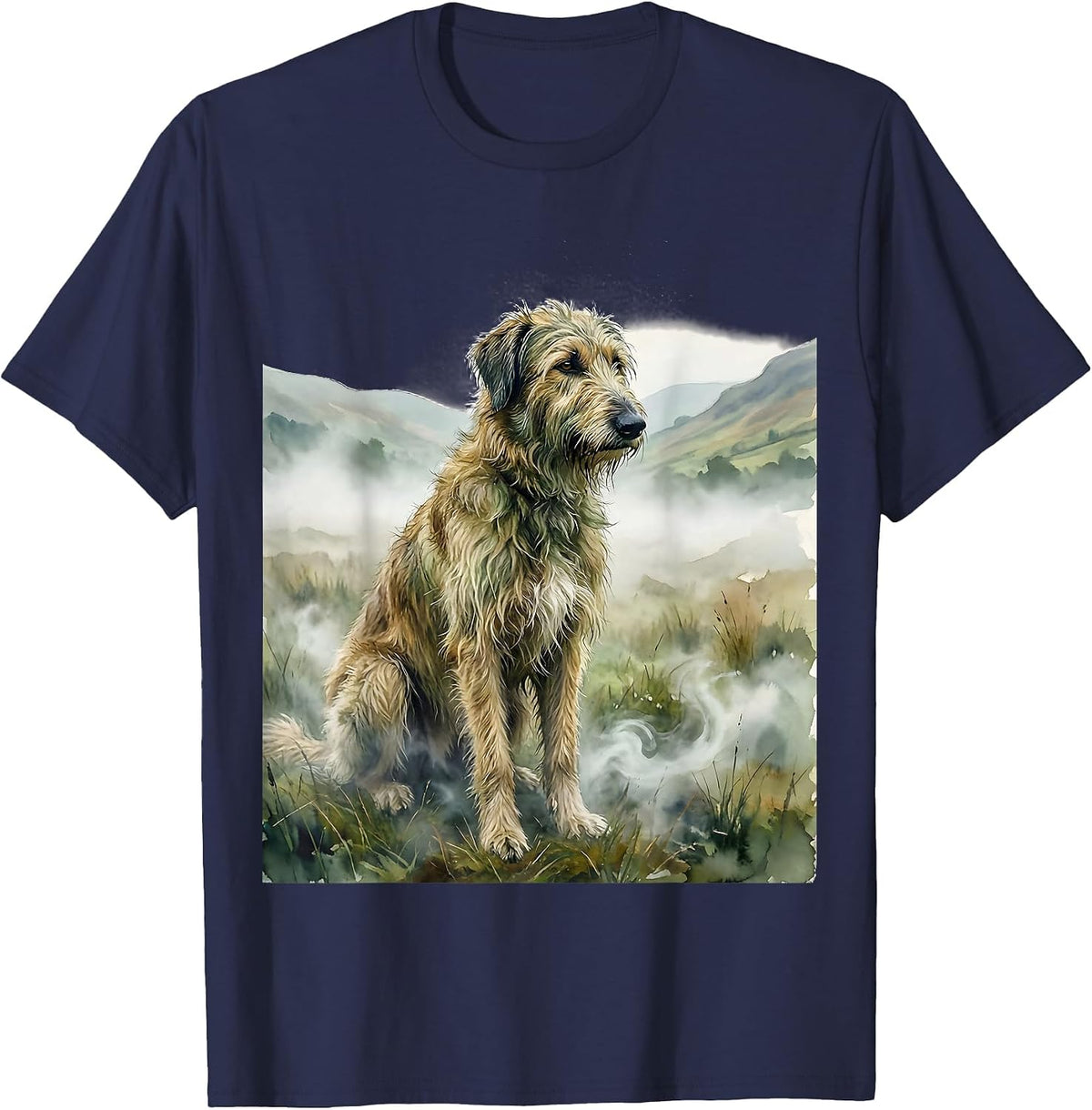 Irish Wolfhound Sitting in Misty Field Illustration T-Shirt - Navy Blue