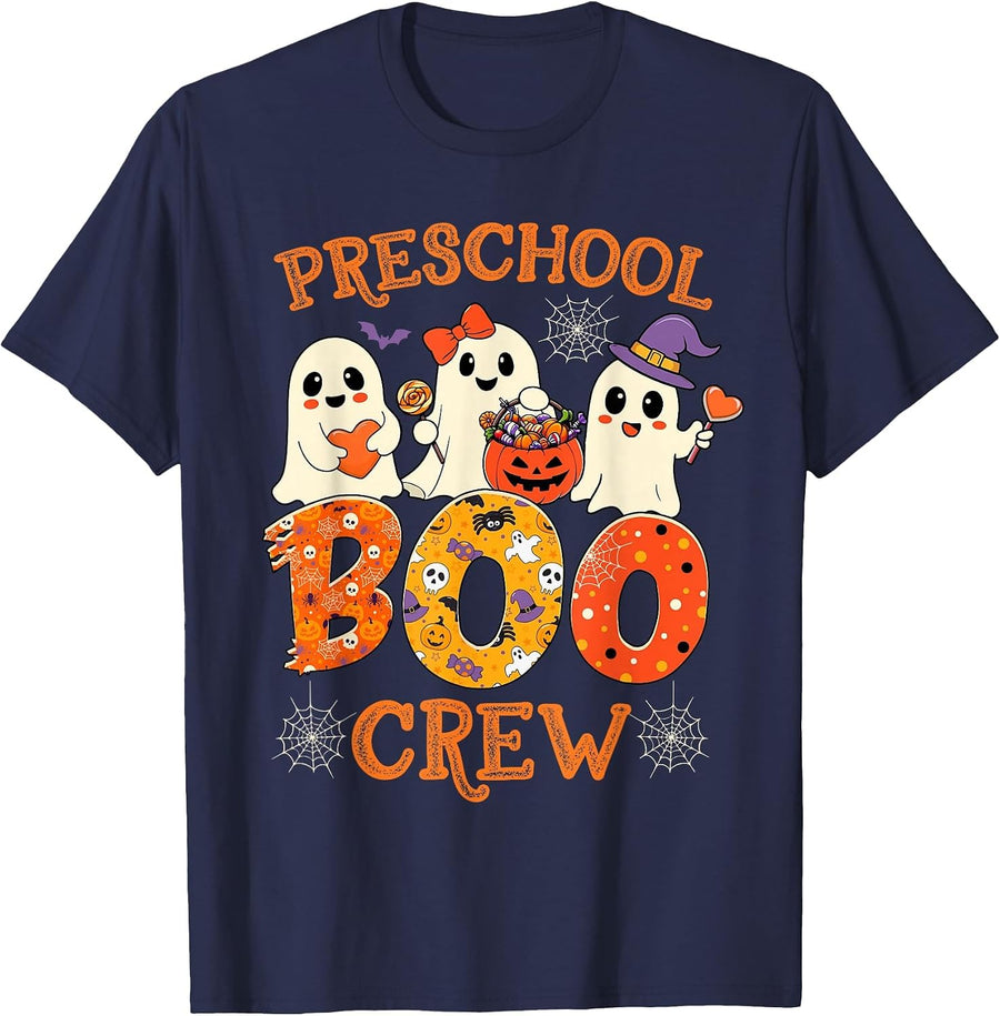 Preschool Boo Crew Funny Halloween Costume for Teacher Kids T-Shirt - Navy Blue