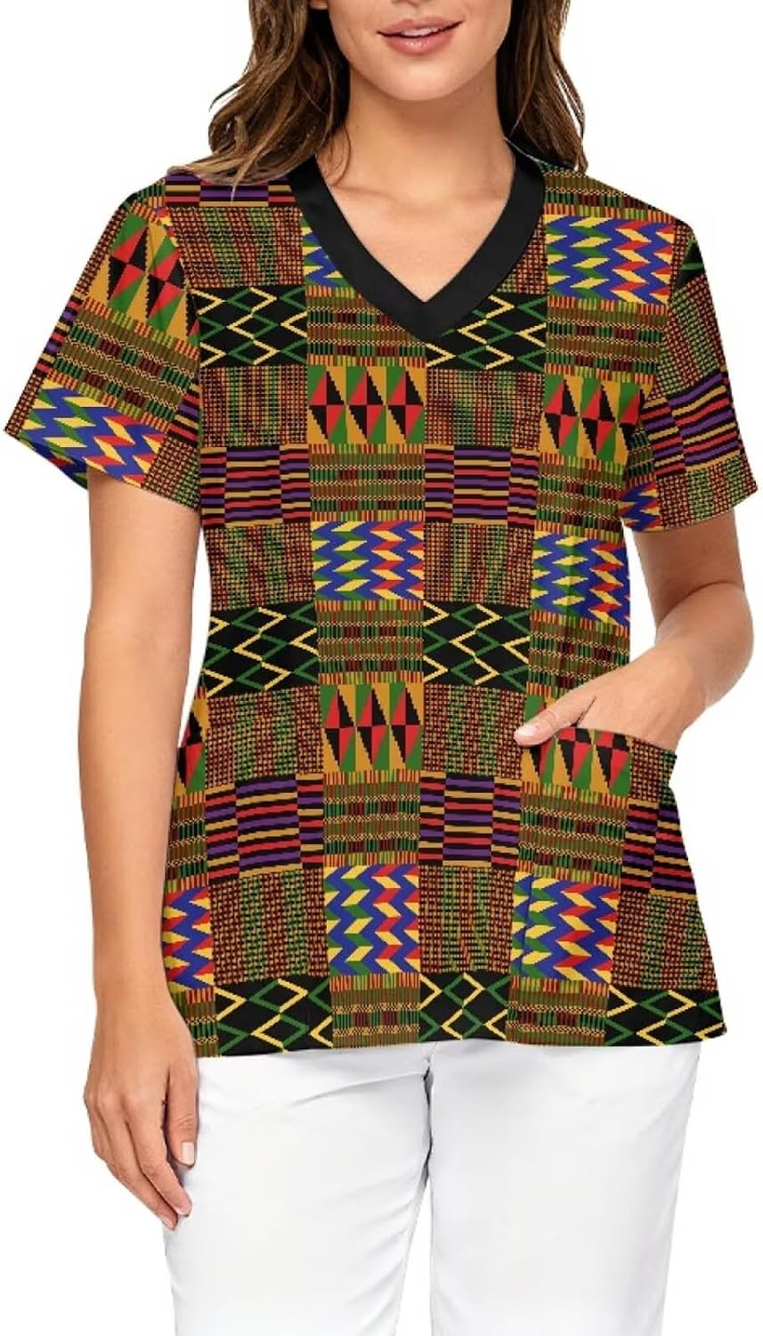 Printed Scrub Top for Women, V Neck Stretch Plus Size Work Uniform - African Kente - Colorful Geometric Tribal Prints