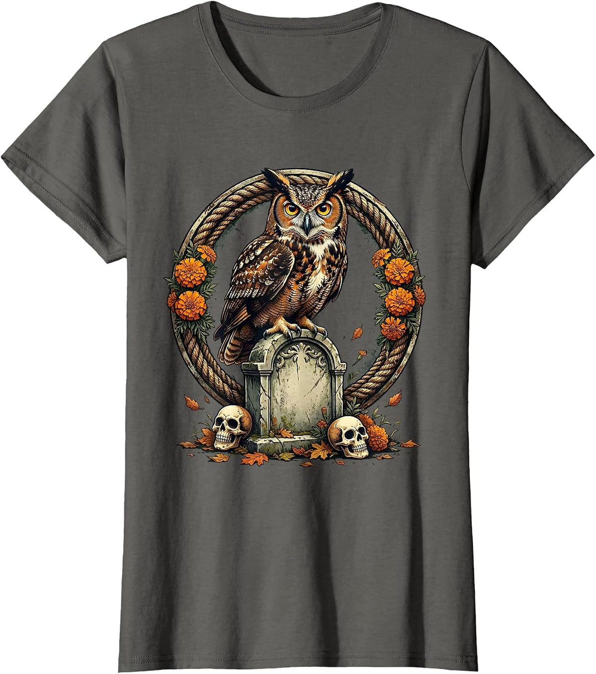 Women's Day of the Dead Owl on Gravestone Night Design T-Shirt - Asphalt Grey