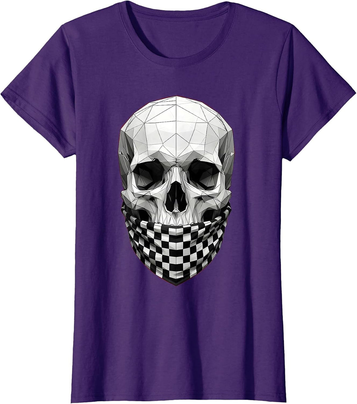 Women's Skull Checkered Bandana Graphic Design T-Shirt - Purple