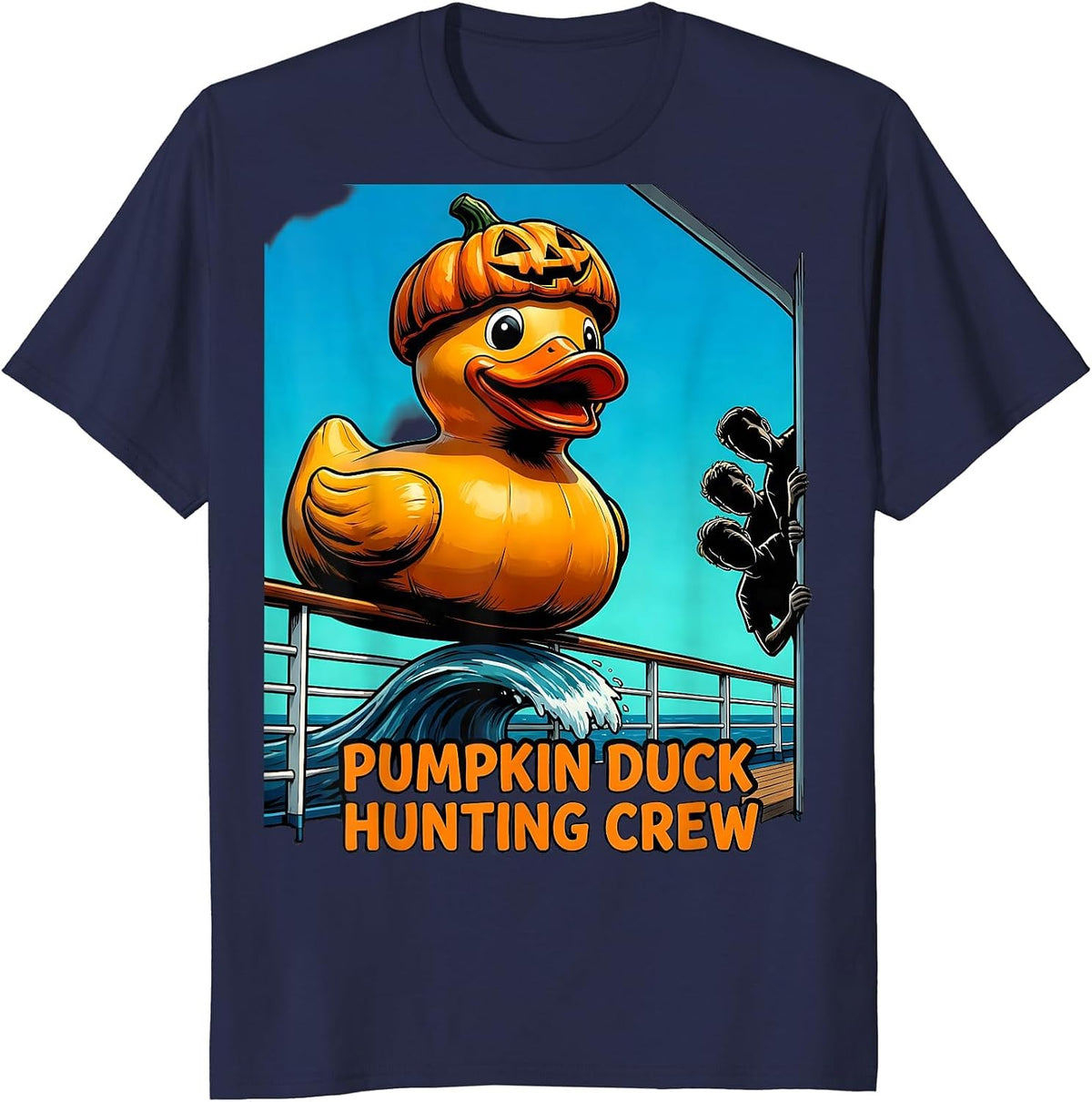 Men's Pumpkin Duck Hunting Crew Funny Halloween Cruise Squad T-Shirt - Navy Blue
