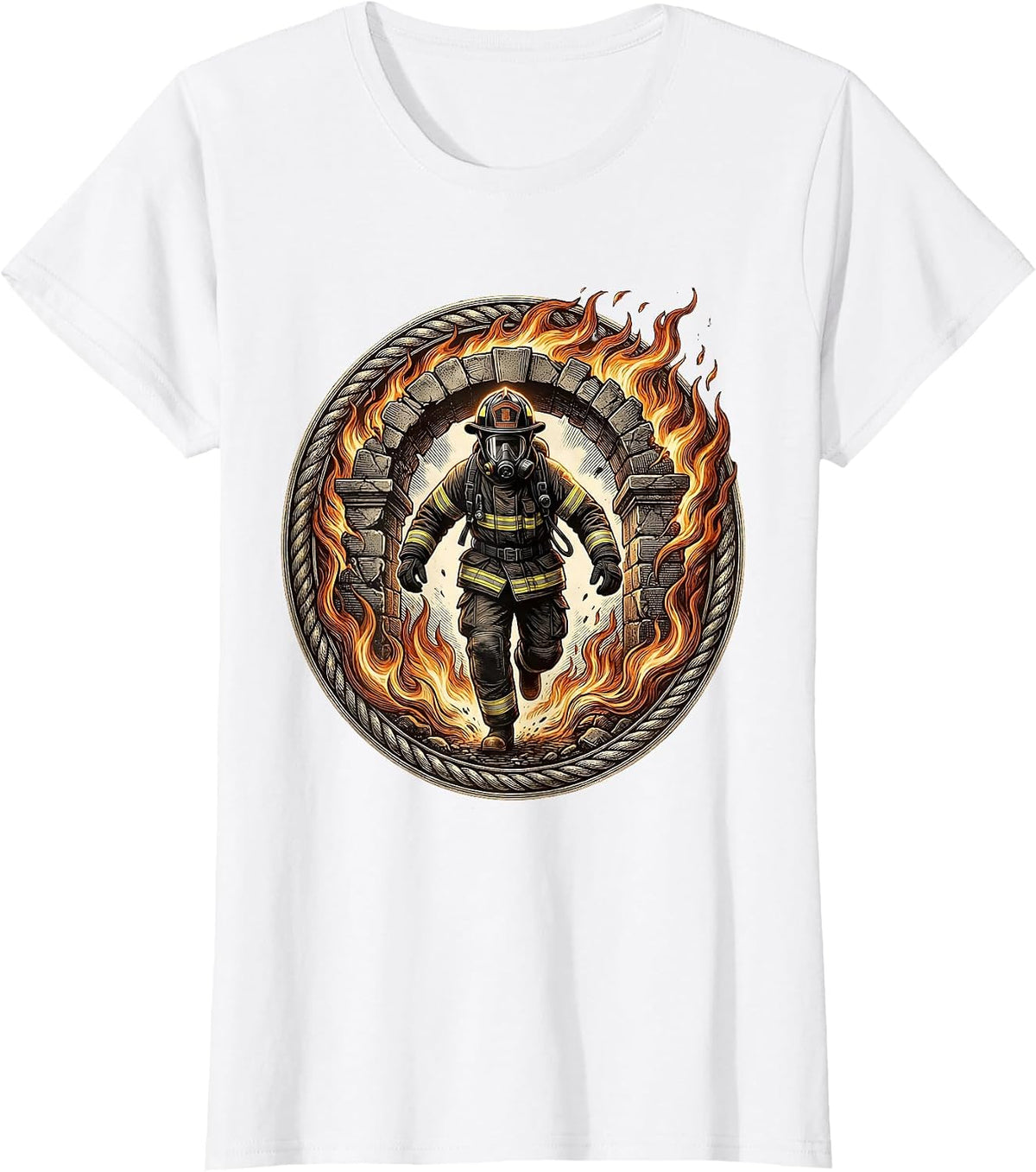 Firefighter Emerging From Flames Graphic T-Shirt - White
