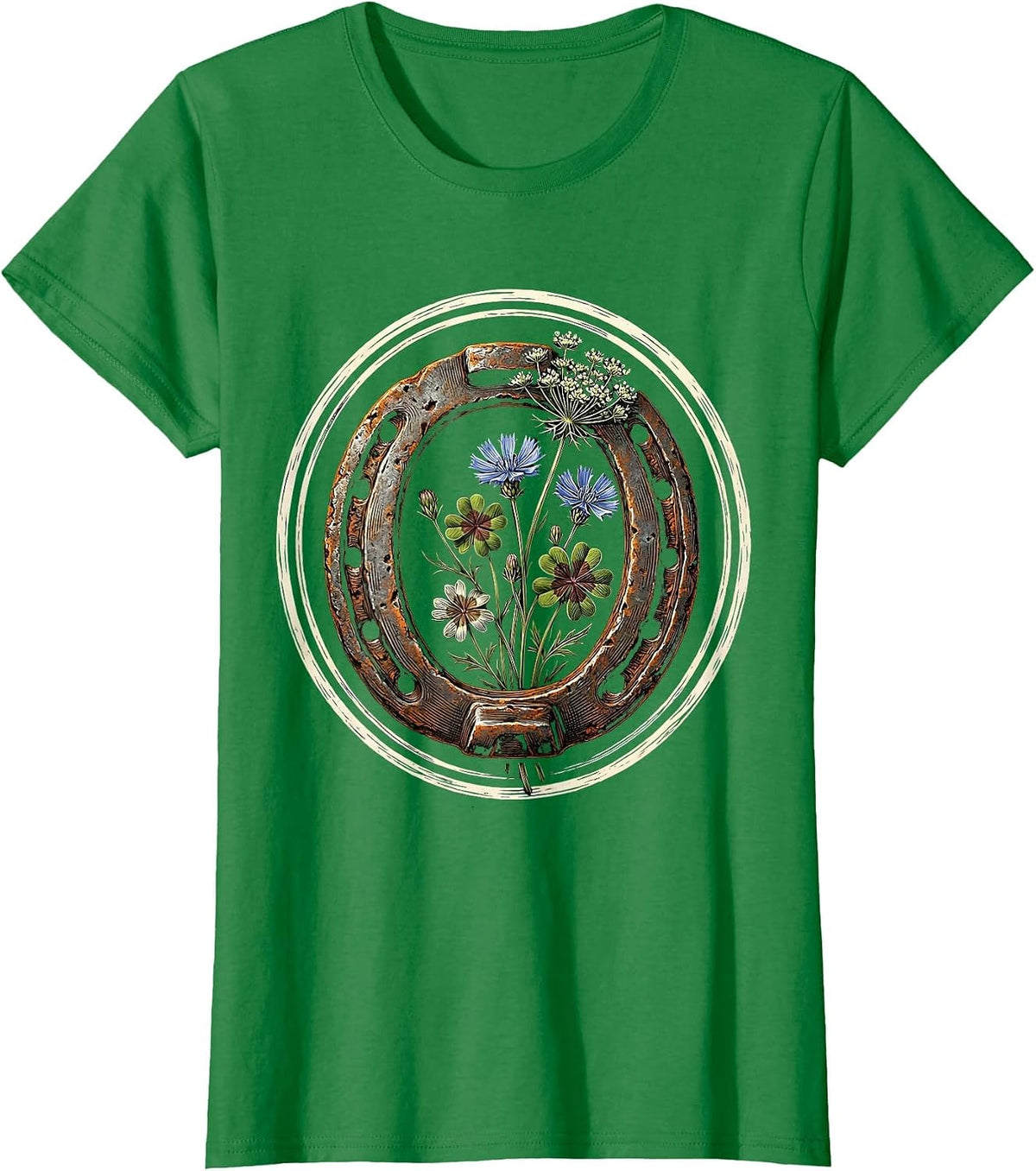 Horseshoe and Wildflowers Close-Up Graphic T-Shirt - Kelly Green