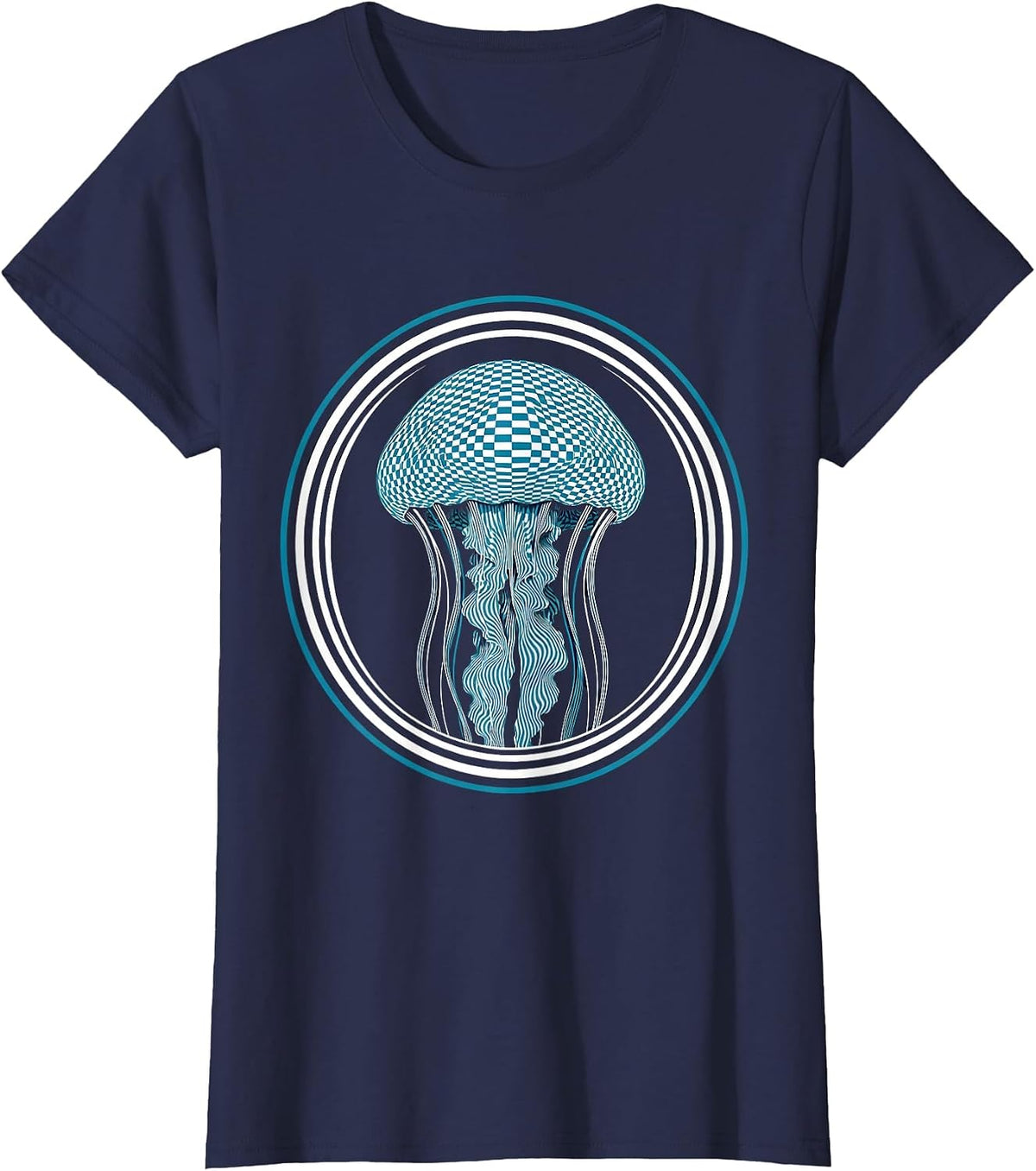 Women's Checkered Jellyfish Deep Ocean Graphic Design T-Shirt - Navy Blue