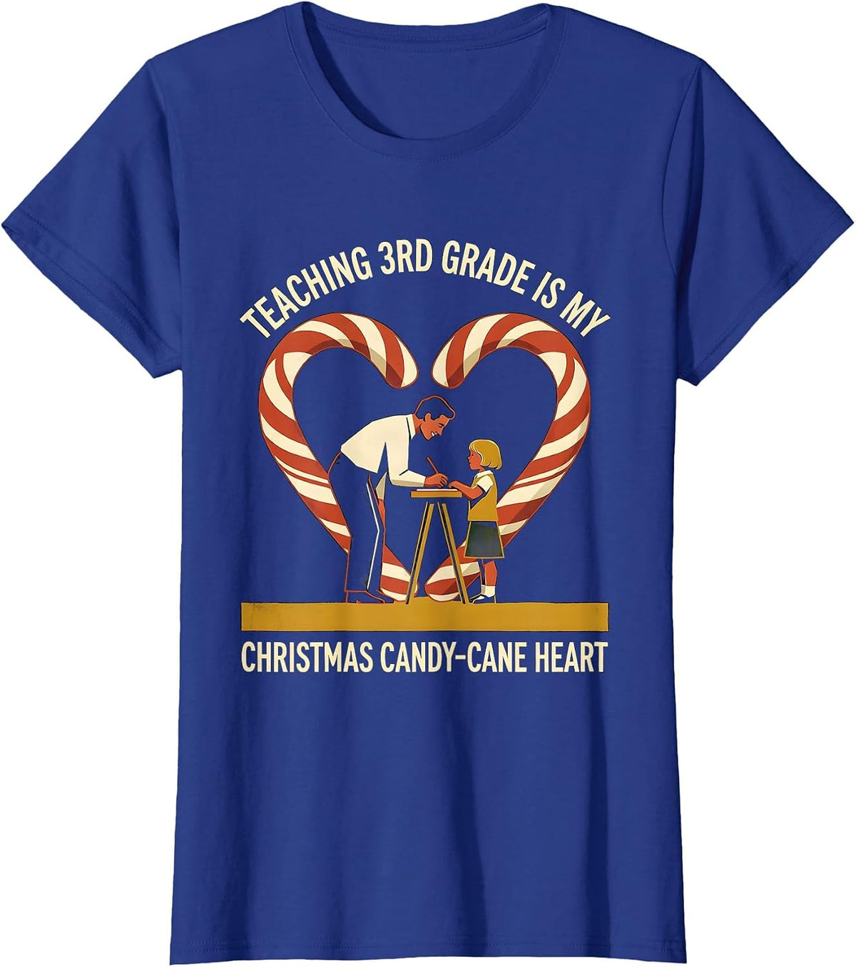 Women's Teaching 3rd Grade Is My Christmas Candy-Cane Heart Teacher T-Shirt - Royal Blue