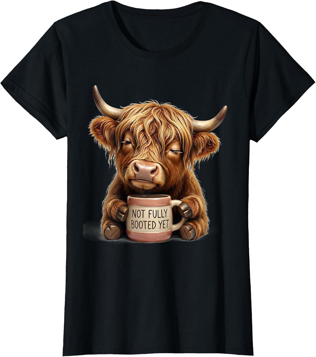 Not Fully Booted Yet Cute Kawaii Highland Cow Coffee Lover T-Shirt - Black
