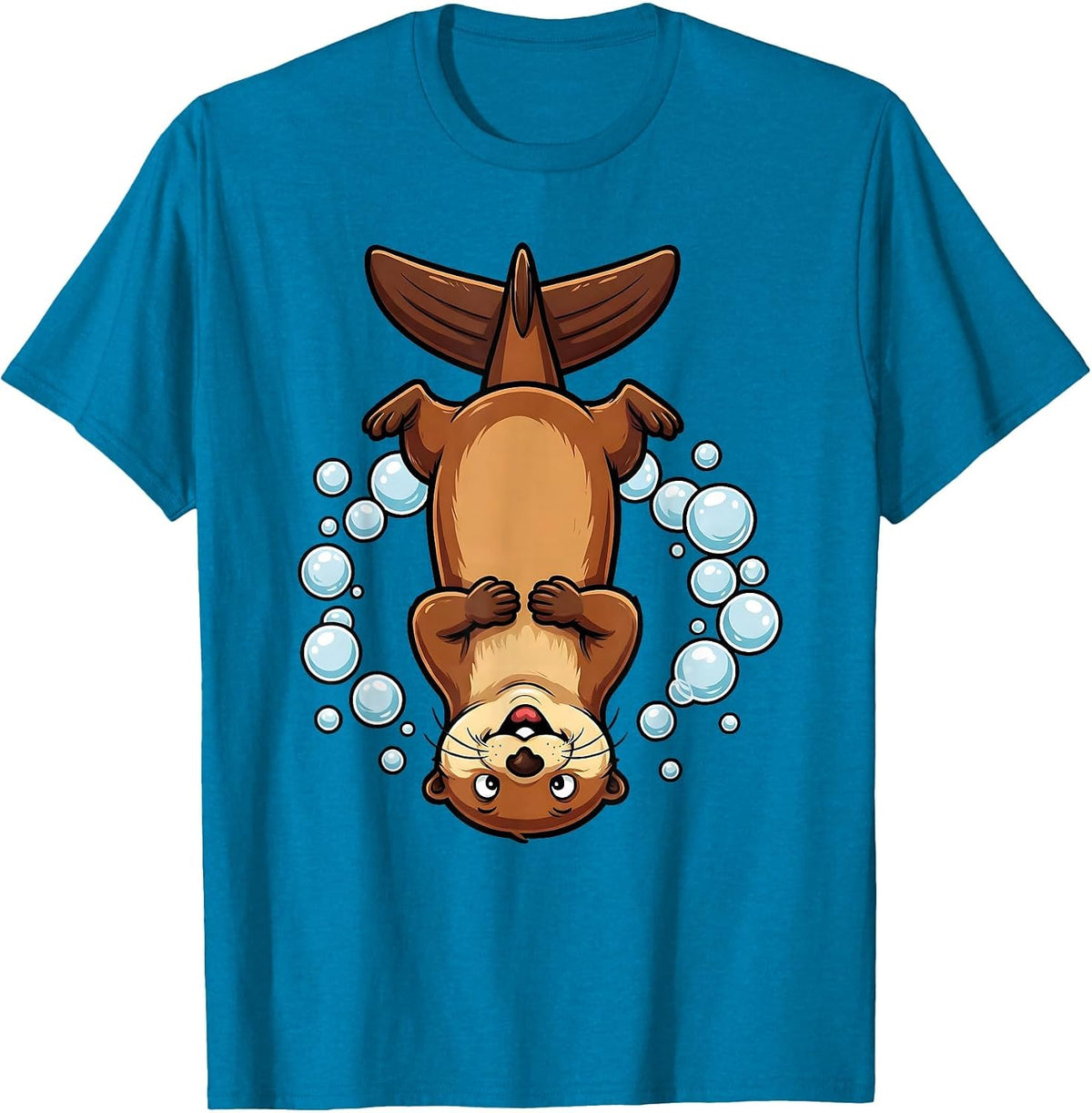 Otter Diving Into Dark Water Illustration T-Shirt - Sapphire Blue