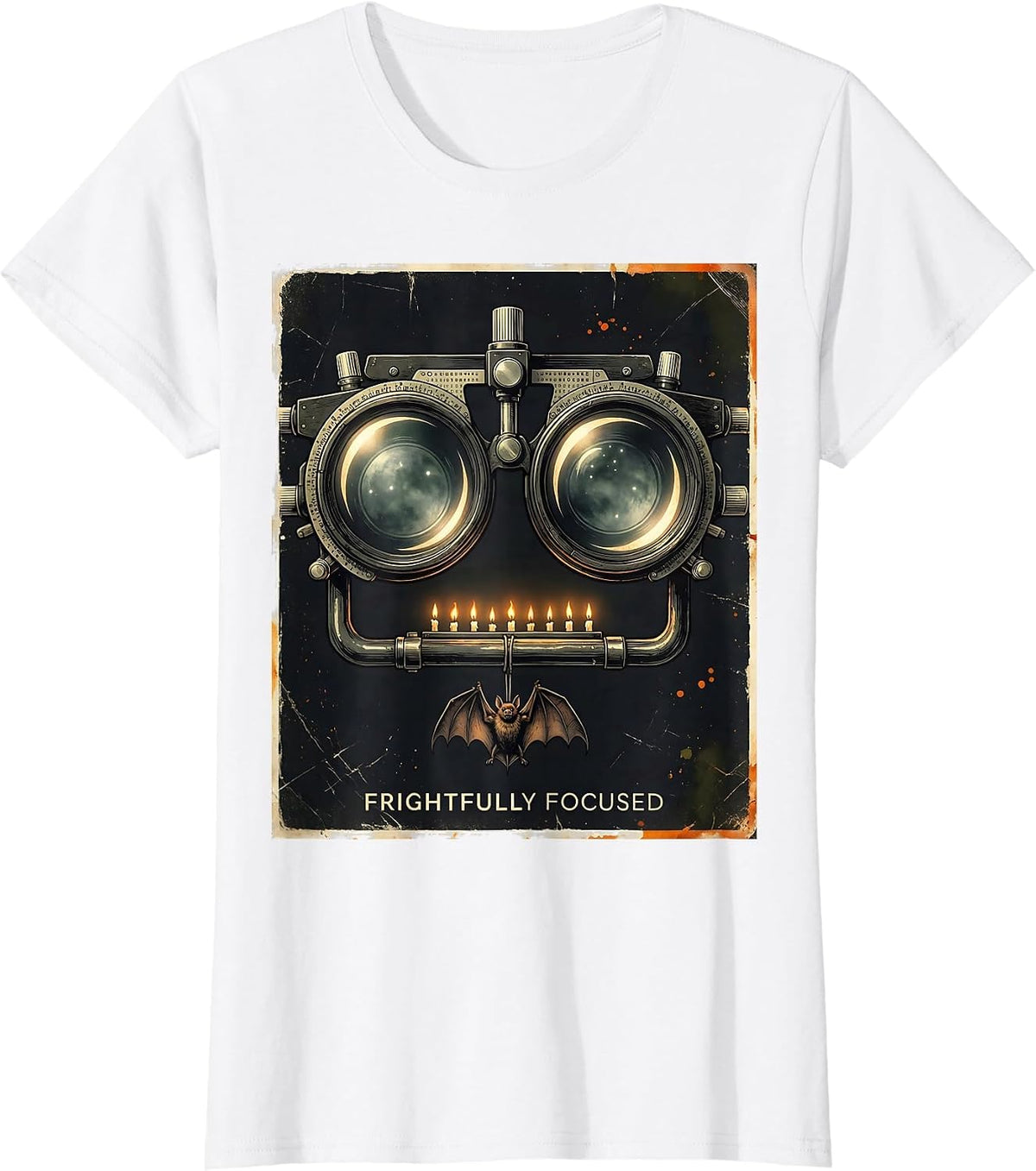 Women's Frightfully Focused Distressed Halloween Optometrist Eye T-Shirt - White