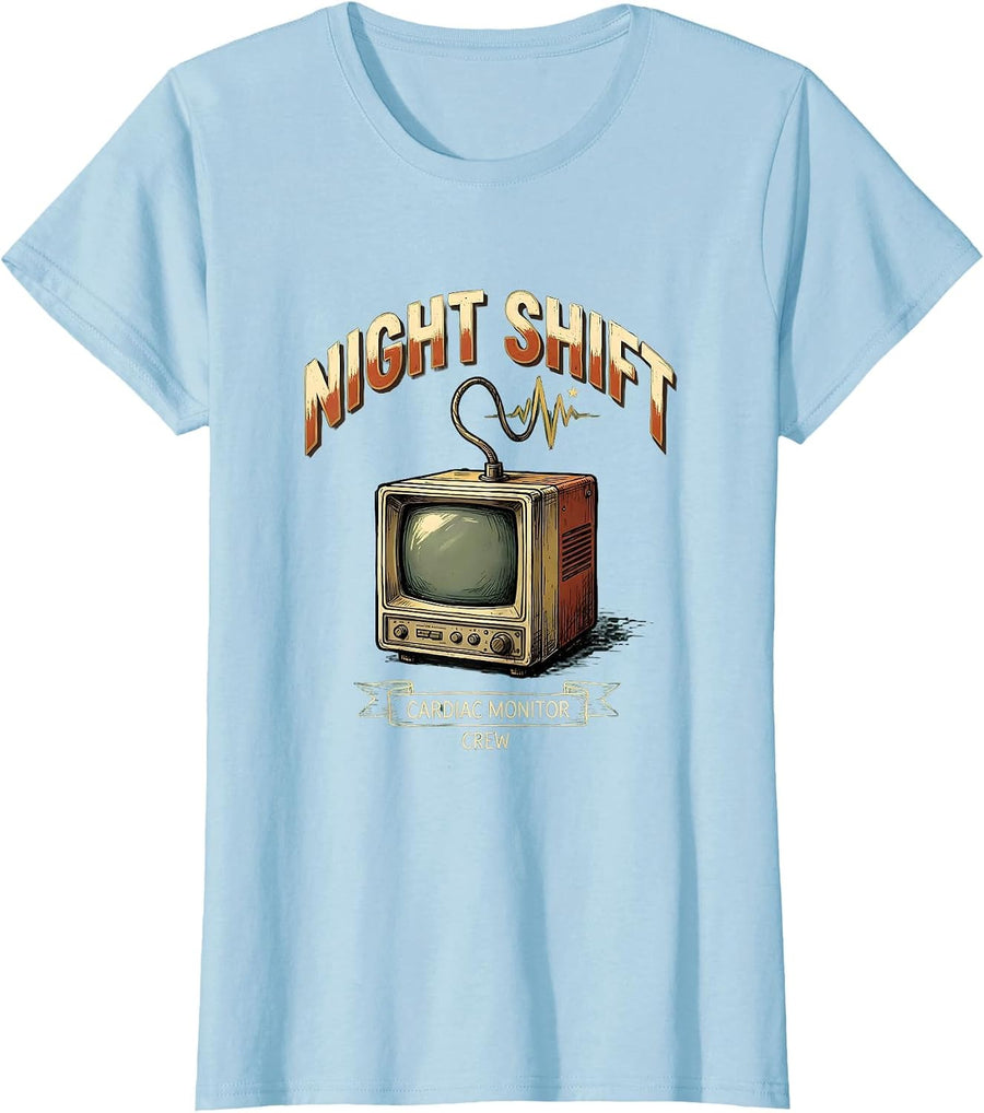 Women's Night Shift Cardiac Monitor Crew Funny Cardiac Tech EKG T-Shirt - Baby Blue