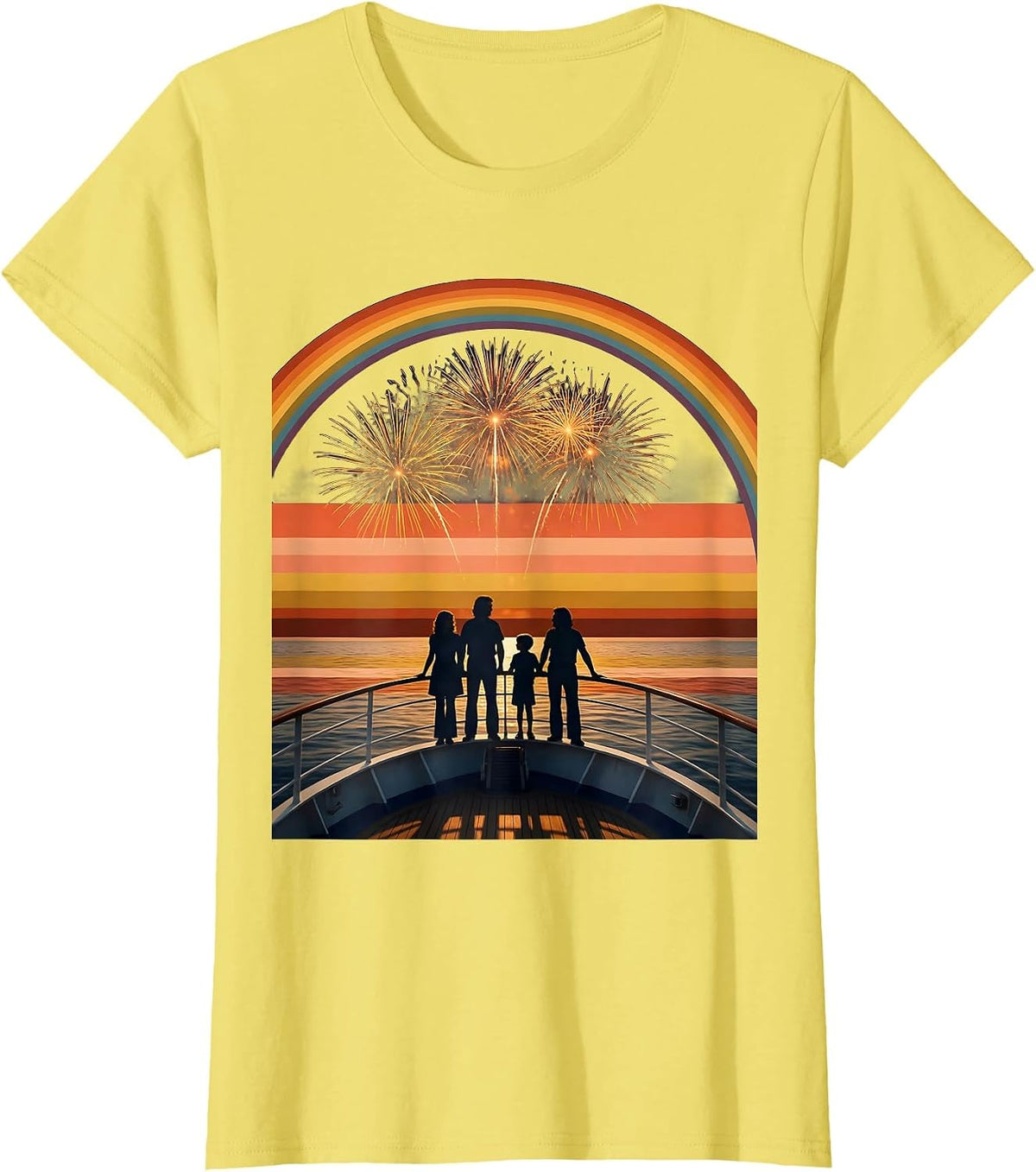 Family Cruise Fireworks Silhouette Over Water T-Shirt - Lemon Yellow