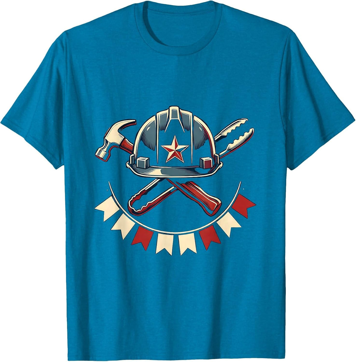 Labor Day Patriotic Emblem BBQ Worker Helmet Star T-Shirt - Sapphire Blue