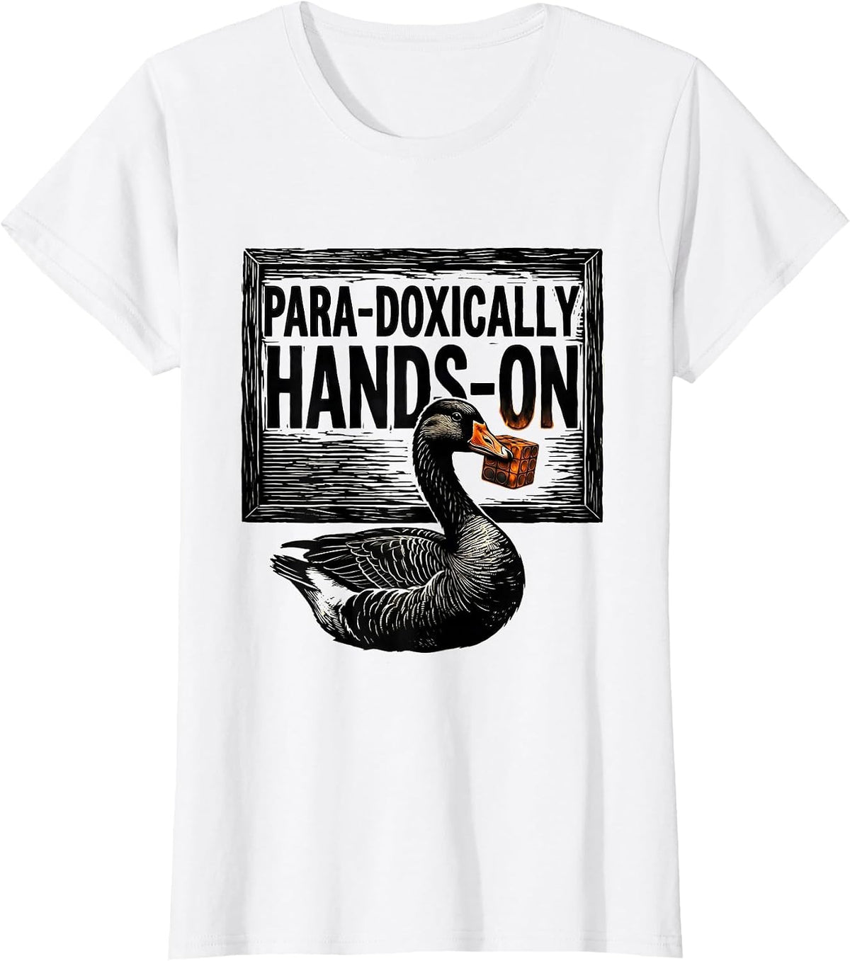Para-Doxically Hands-On Linocut Funny Paraprofessional Goose T-Shirt - White