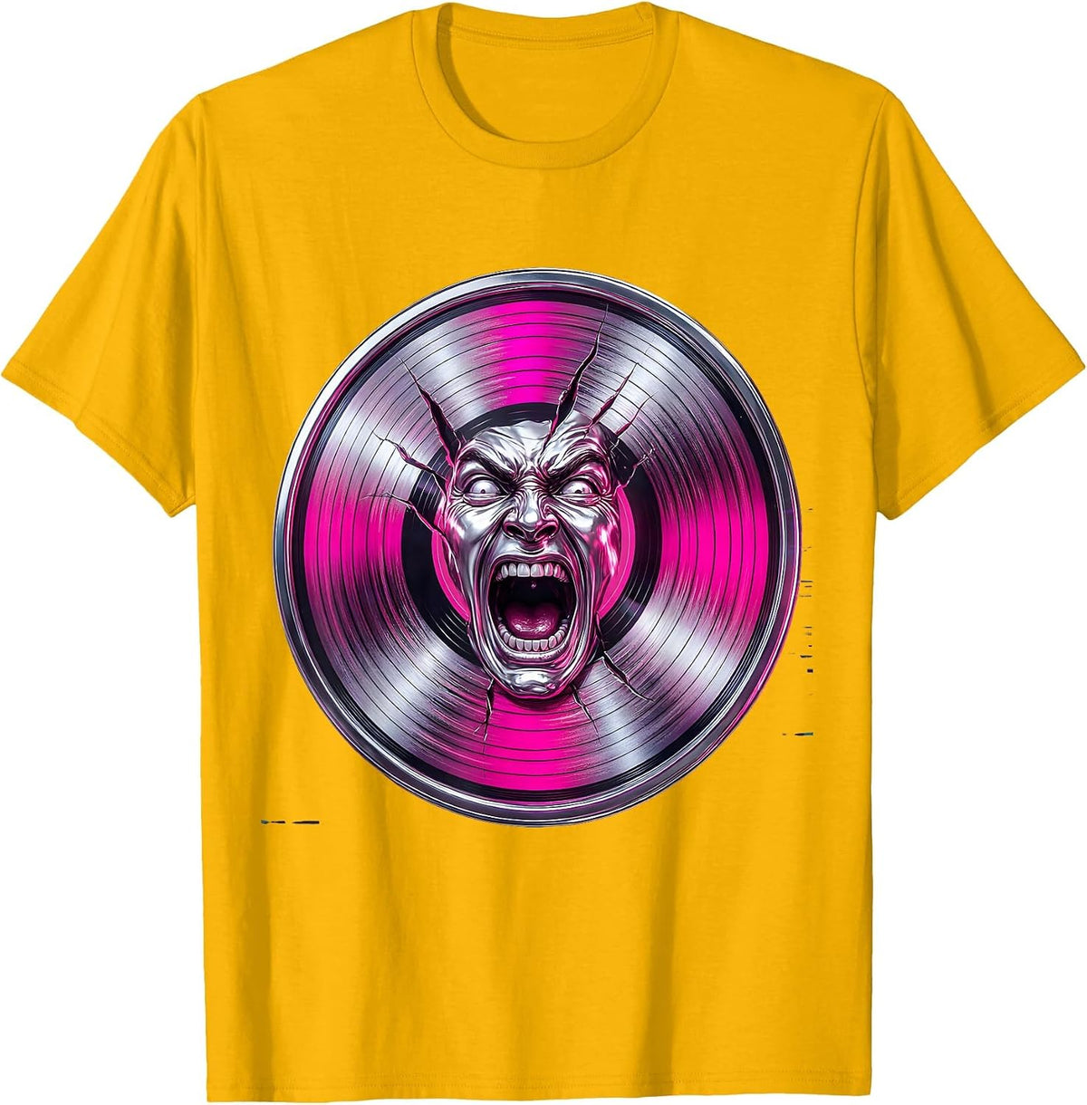 80s Rock Screaming Face Vinyl Record Groove Art T-Shirt - Golden Yellow