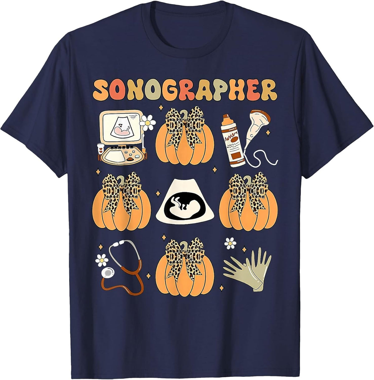 Coquette Sonographer Fall Ultrasound Tech Nurse Thanksgiving T-Shirt - Navy Blue