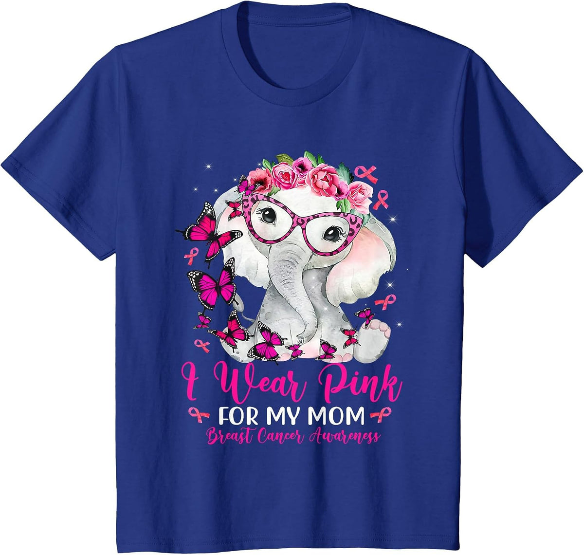 I Wear Pink for My Mom Elephant Breast Cancer Awareness T-Shirt - Royal Blue