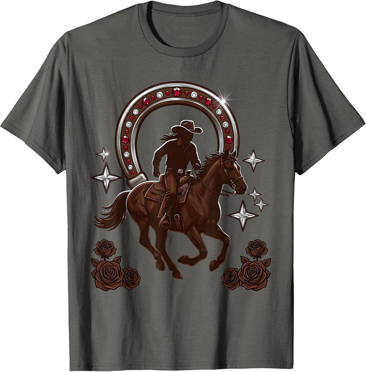 Texas Cowboy Silhouette Riding Horse at Sunset T-Shirt - Asphalt Grey