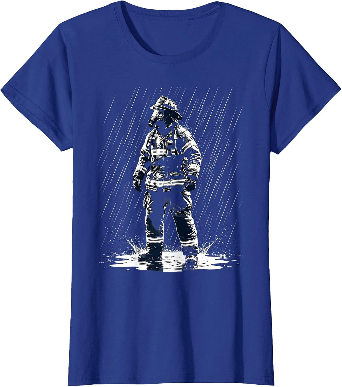 Women's Firefighter in Full Gear Standing in Heavy Rain T-Shirt - Royal Blue