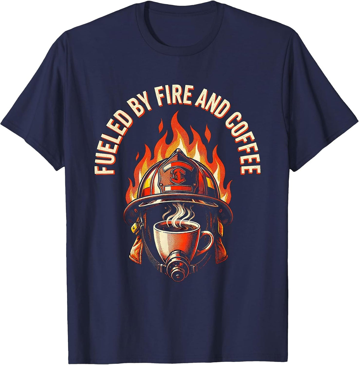 Fueled by Fire and Coffee Firefighter Design T-Shirt - Navy Blue