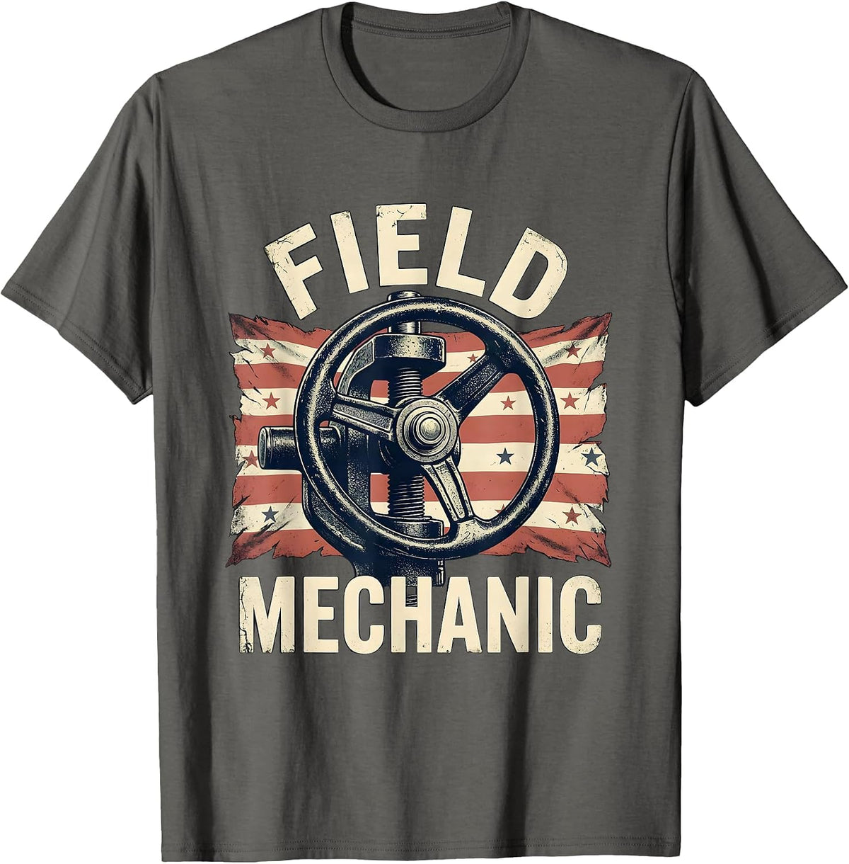 Field Mechanic Distressed American Flag Mechanic Gift T-Shirt - Asphalt Grey