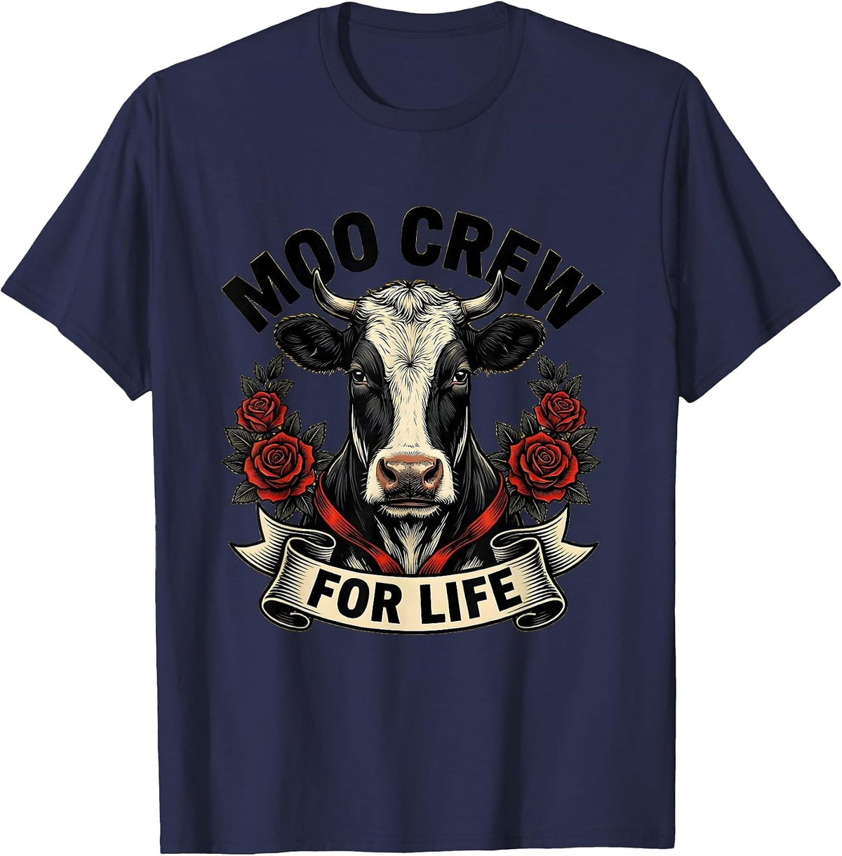 Men's Moo Crew For Life Funny Cow Lover Design T-Shirt - Navy Blue