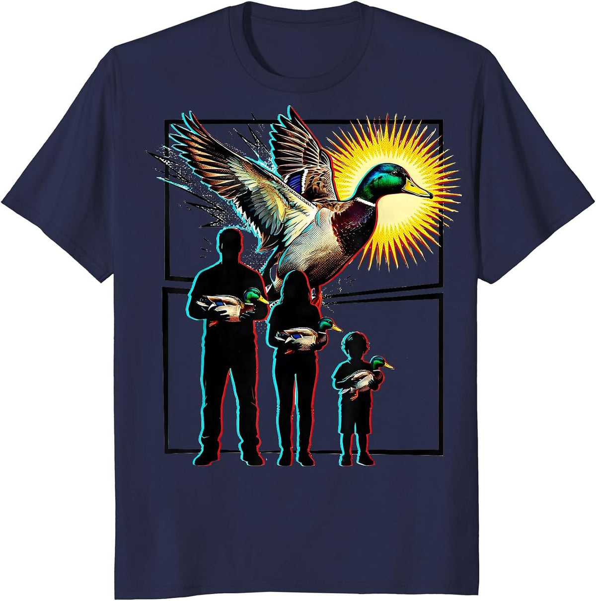 Comic Panel Mallard Duck Hunting Family Camo T-Shirt - Navy Blue