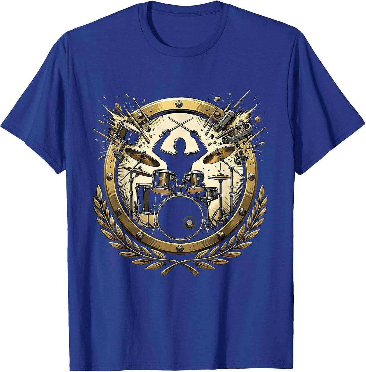 Men's Exploding Drum Kit Rock Band Drummer Illustration T-Shirt - Royal Blue