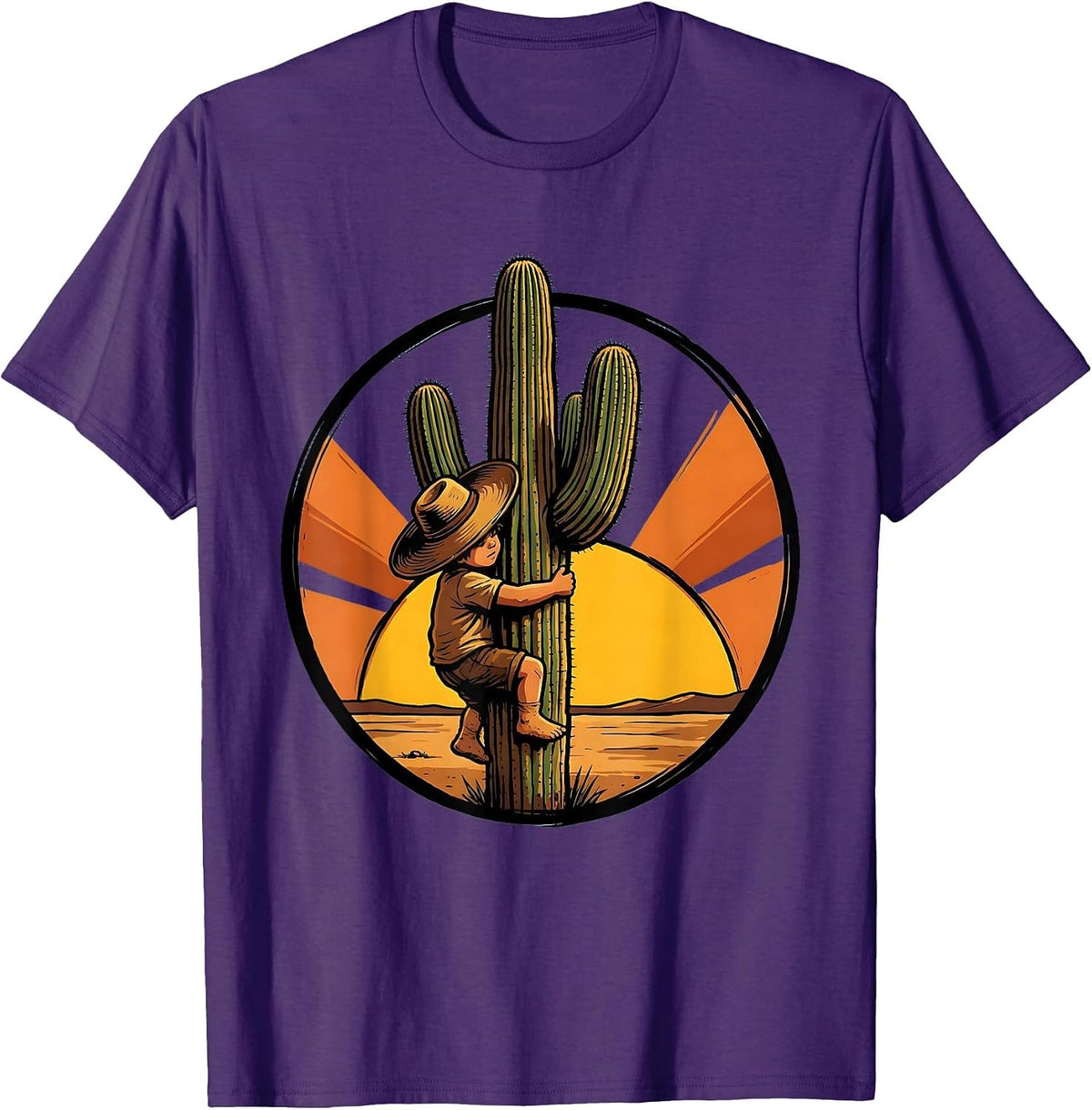 Mexican Boy Climbing Cactus Sunset Graphic Design T-Shirt - Purple