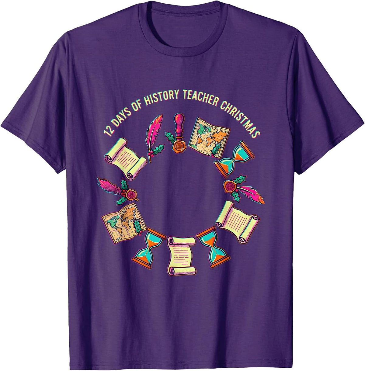 Men's 12 Days of History Teacher Christmas Risograph Funny Gift T-Shirt - Purple