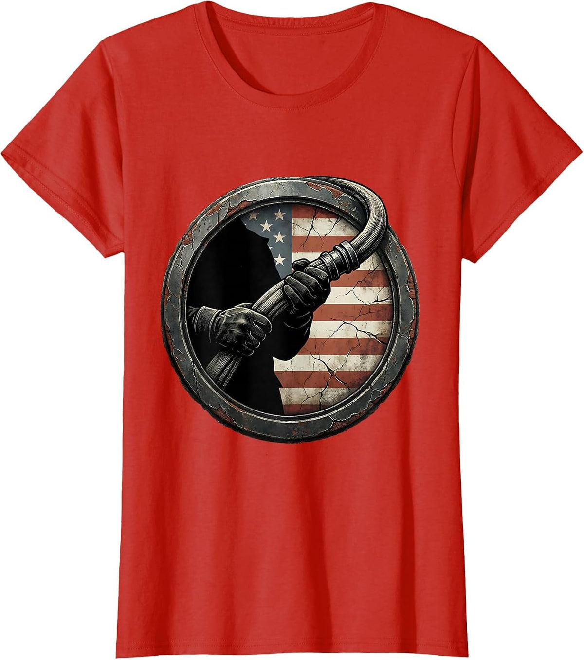 Firefighter Gripping Fire Hose Graphic Design T-Shirt - Red